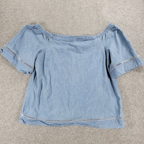 Lauren Ralph Lauren Chambray Off Shoulder Top‎ Womens XL Blue Denim Bell Sleeve - Picture 9 of 12
